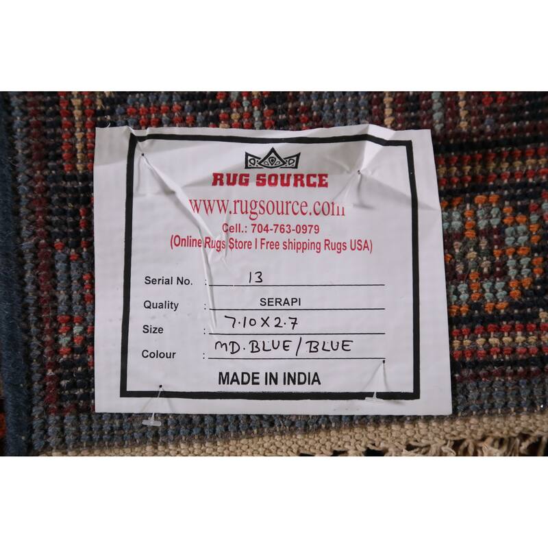 Hand Knotted Oriental 100% Wool Carpet Traditional Geometric Navy Blue & Blues Heriz (serapi) Runner Rug - 7' 10'' X 2' 7''