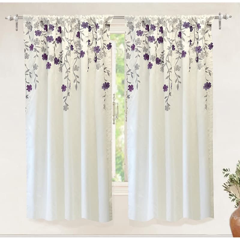 Porch & Den Oneida Floral Embroidered Faux Silk Window Curtain Panel - 50"Wx54"L-Single - ivory/ purple