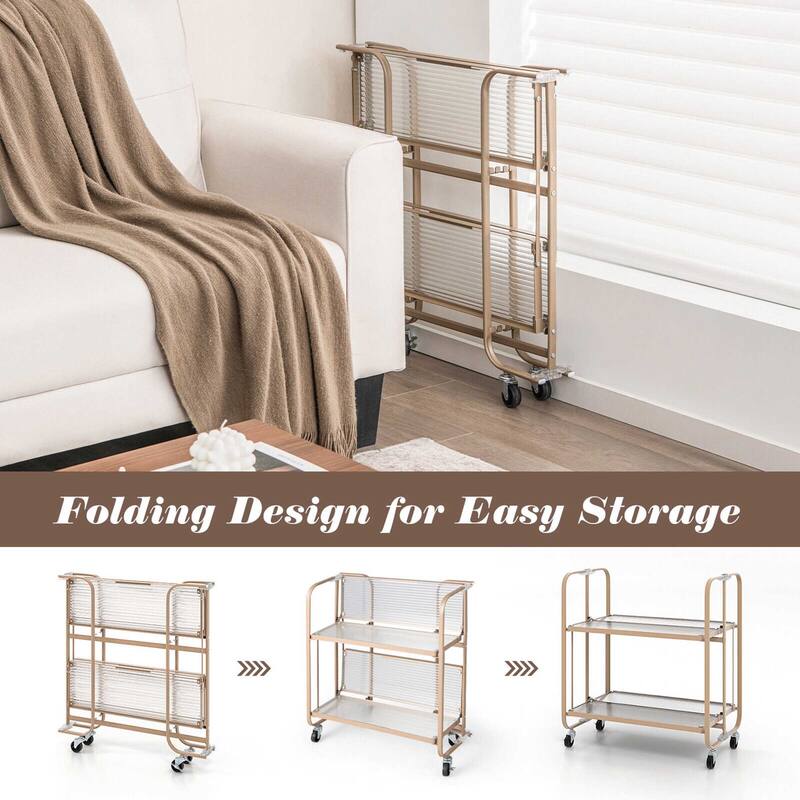 Gymax 2-tier Foldable Kitchen Bar Cart Mobile Tempered Glass Serving