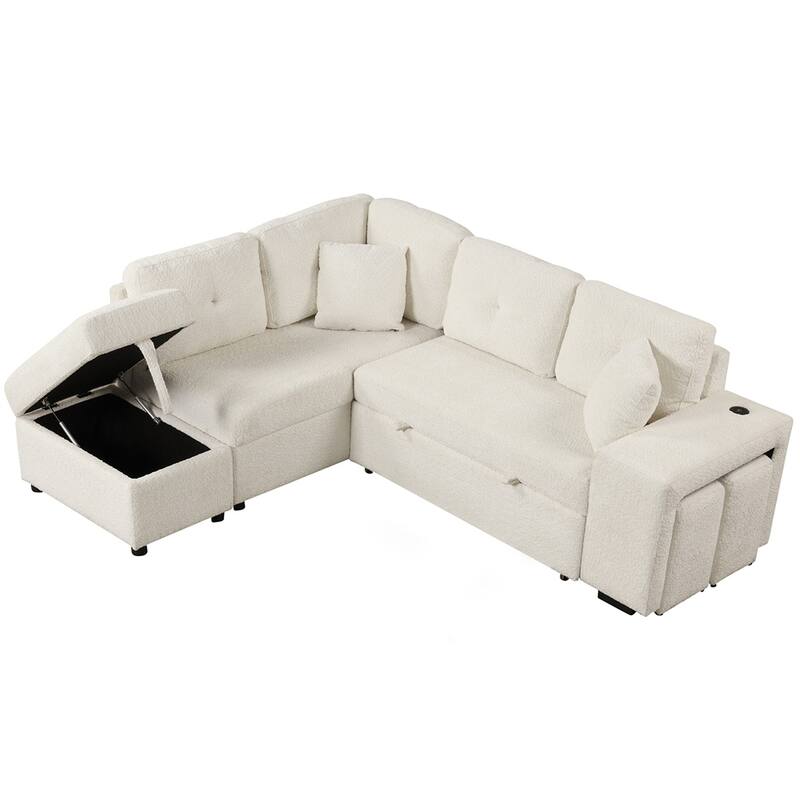 Sectional Pull Out Sofa Bed w/Storage Ottoman,2 Throw Pillows,2 Stools - Cream