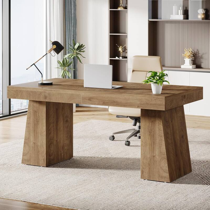 55 Inches Mid-Century Executive Desk with Double Trapezoid Base