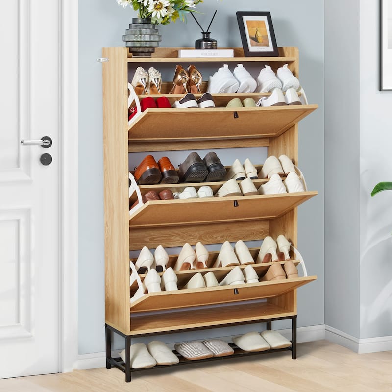 Wooden Shoe Storage Cabinet with triple-tier flip-up drawer