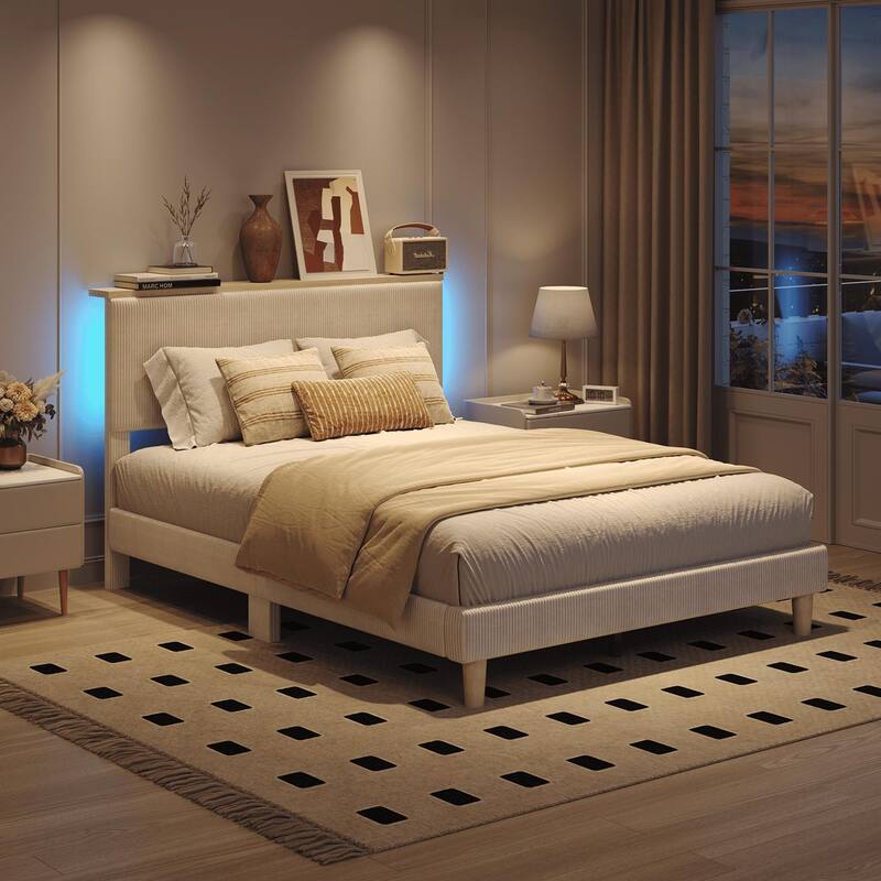 Bestier Bed Frame Velvet Upholstered Platform Bed Frame with Storage Headboard and LED Lights