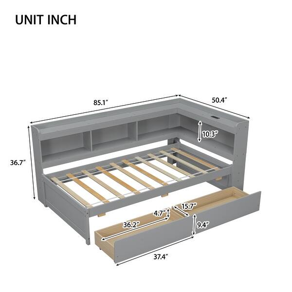 dimension image slide 1 of 2, Twin Size L-shaped Bookcases Bed with Power Outlets, USB Charging Ports,Two Drawers