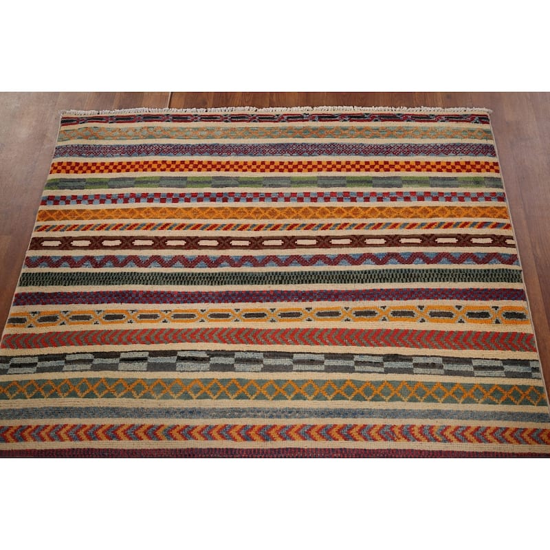 All-Over Striped Kazak Oriental Area Rug Hand-Knotted Wool Carpet - 3'11" x 5'11"