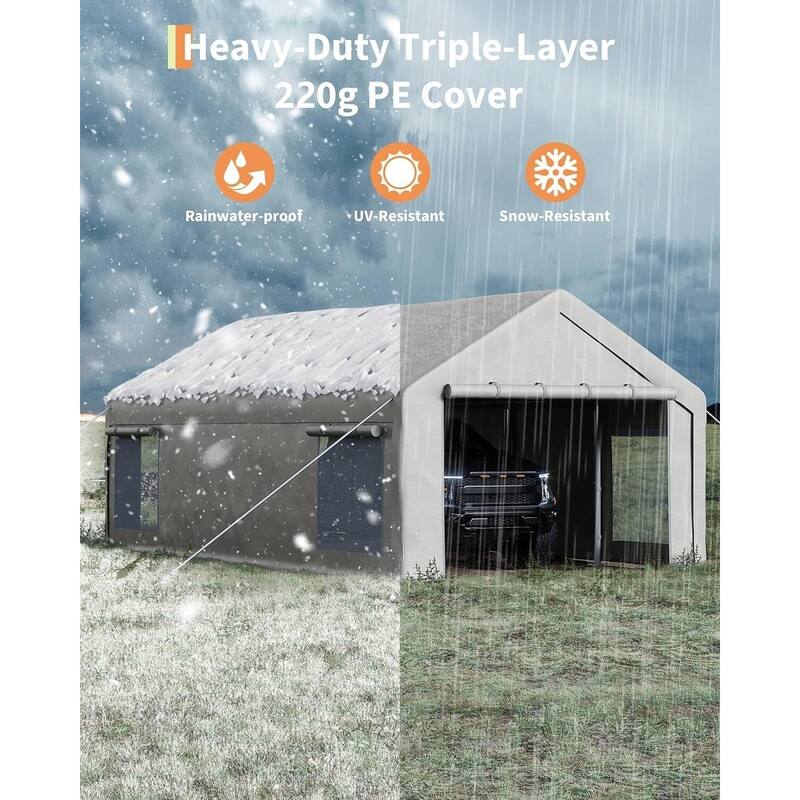 13x25 Ft Carport with 2 Roll-Up Doors, and 4 Windows for Bass Boats, Tractors, and SUVs - 13X25 Ft