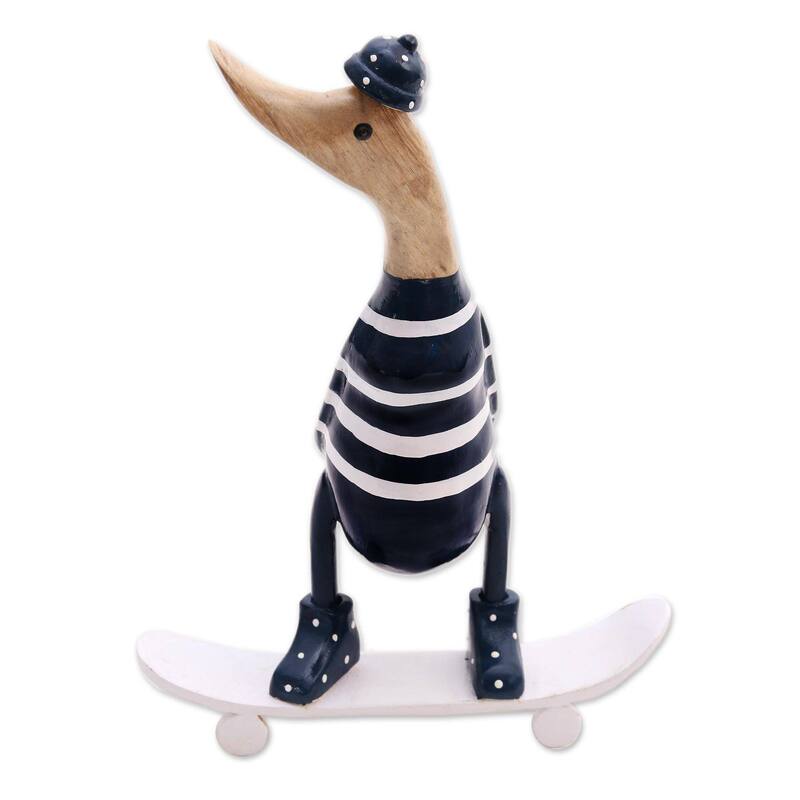 NOVICA Handmade Skateboard Duck Wood And Bamboo Root Sculpture (Indonesia) - 10.25" H x 7.75" W x 3.9" D