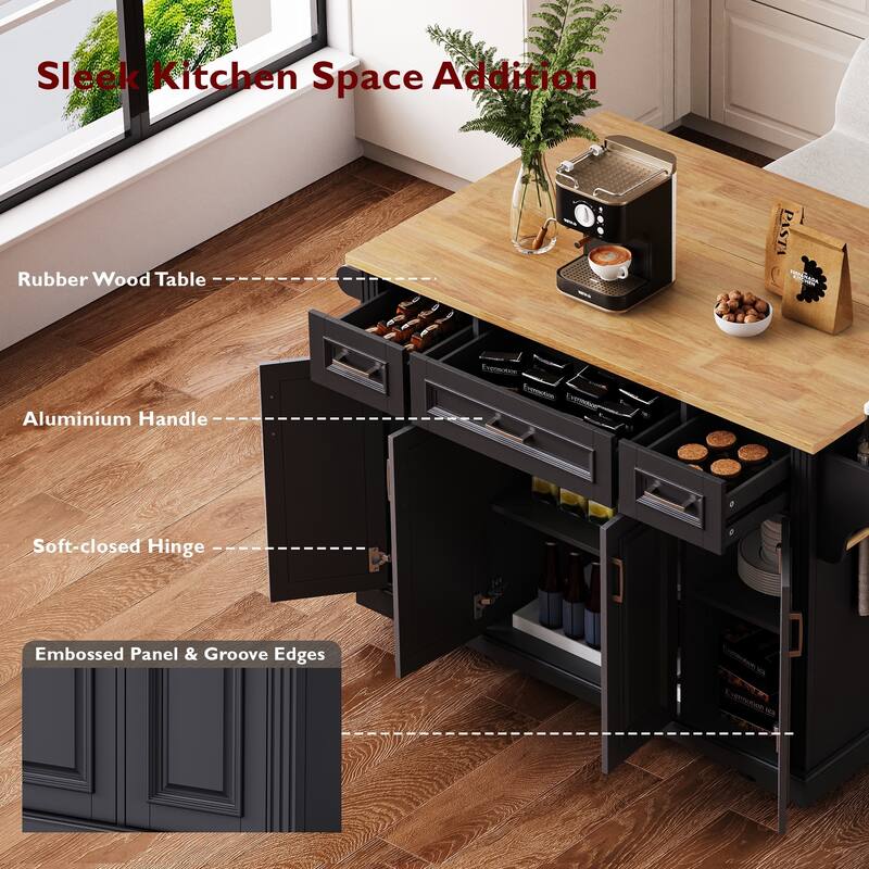 Kitchen Island with Drop Leaf, Adjustable Shelf, Spice Rack, Towel Rack, 2 Doors and 5 Drawers