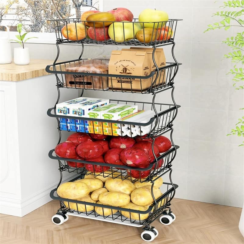5Tier Kitchen Organizers and Storage Cart on Wheels - 11.4"D x 16.1"W x 39.7"H - Black 5 layer baskets