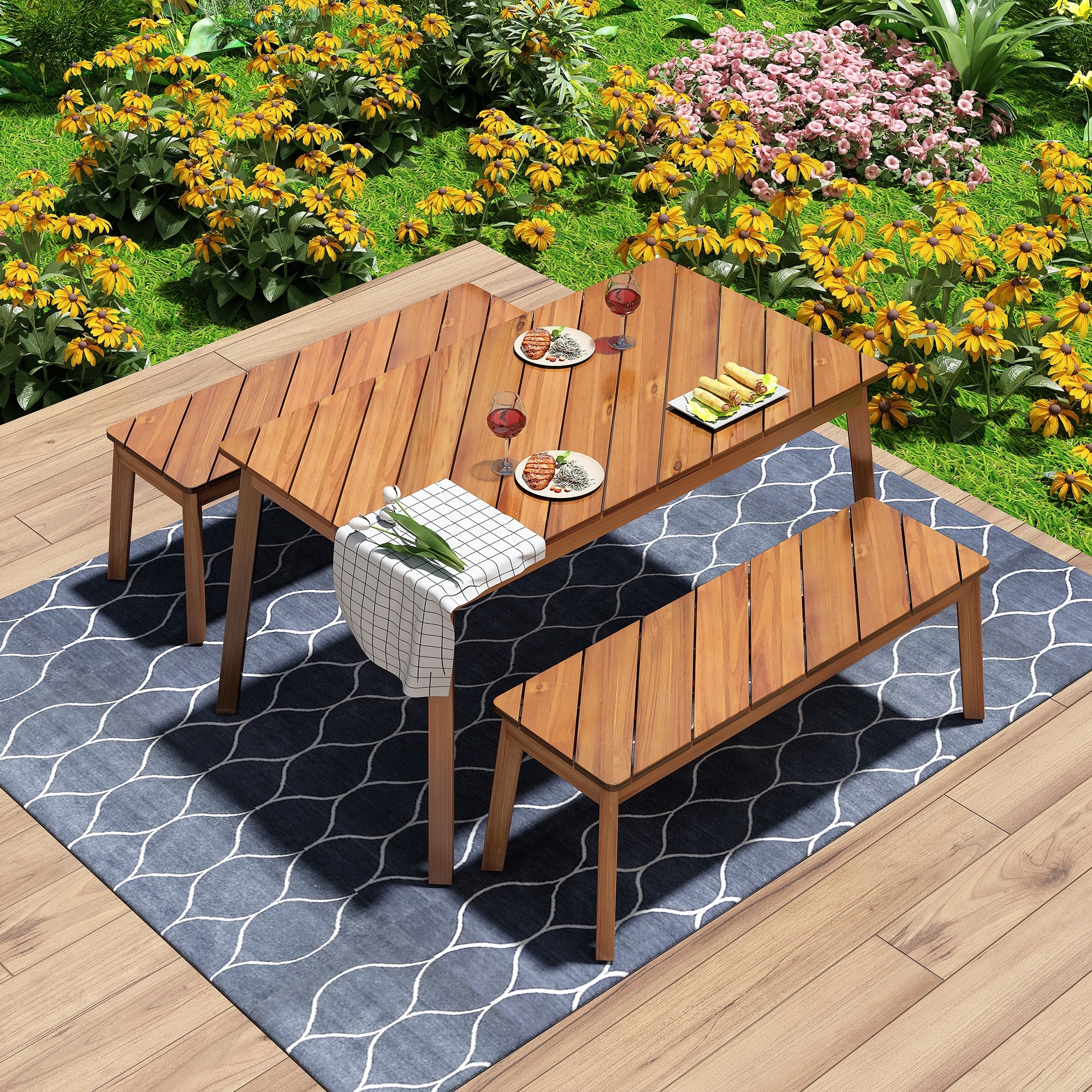 3-Piece Natural Acacia Wood Picnic Table Set with 2 Benches for Patio, Porch & Garden Indoor Outdoor
