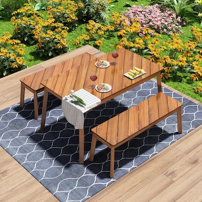 3 Pieces Outdoor Dining Set with 2 Benches and Picnic Beer Table Acacia Wood Table Dining Set for Patio, Garden