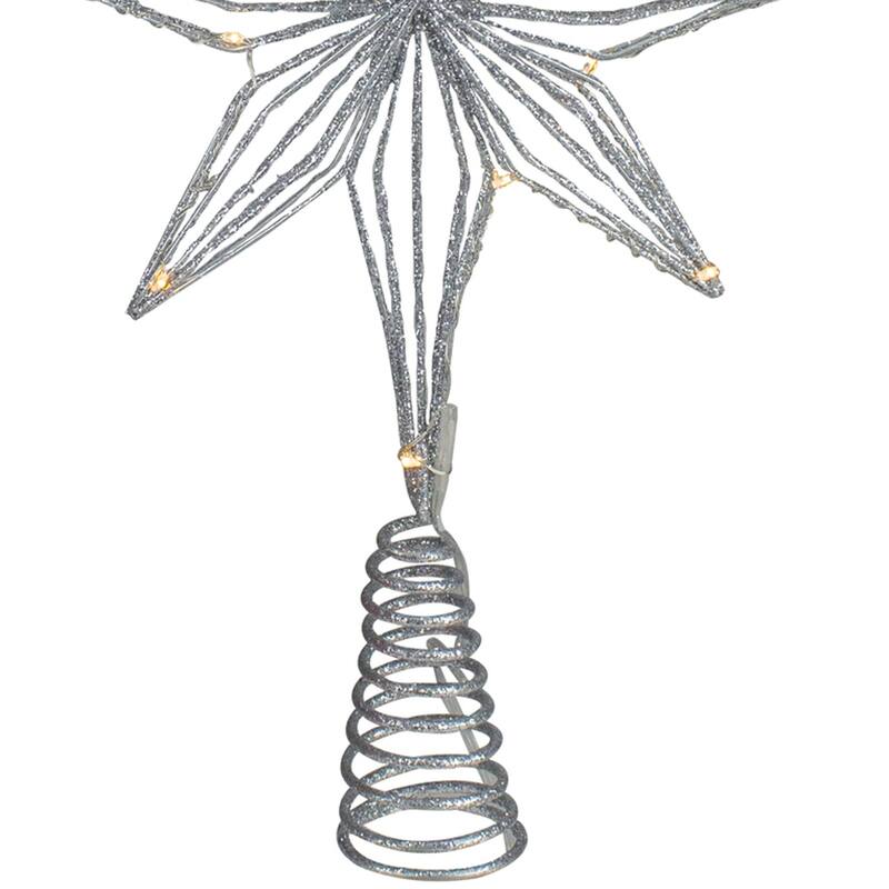 13.75" LED B/O Silver Glitter Star Christmas Tree Topper White Lights