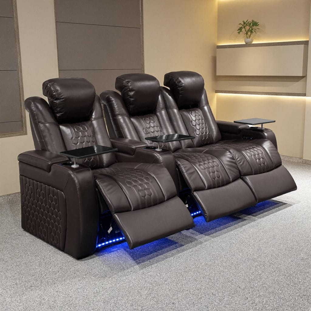 Roomfitters 93.3" Power Recliner 3-Piece Set, Top-Grain Nappa Leather, 39-Color RGB LED & USB-C Charging, Coffee