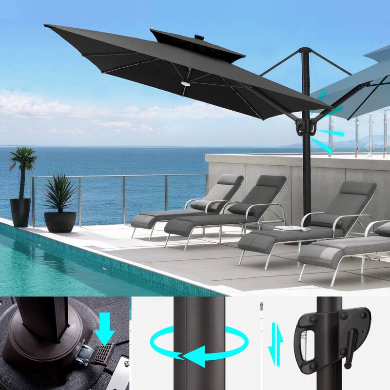 VredHom 9 x 11ft Outdoor Rectangular Dual Top Cantilever Patio Umbrella LED Light with Weights Base