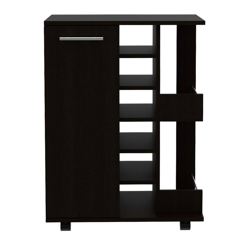 Bar Cart, Four Casters, Six Wine Cubbies, Single Door Cabinet