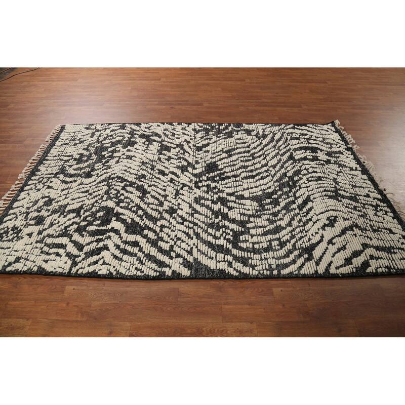 Black & Ivory Moroccan Abstract Area Rug Hand-Knotted Wool Carpet - 4'11"x 8'1"