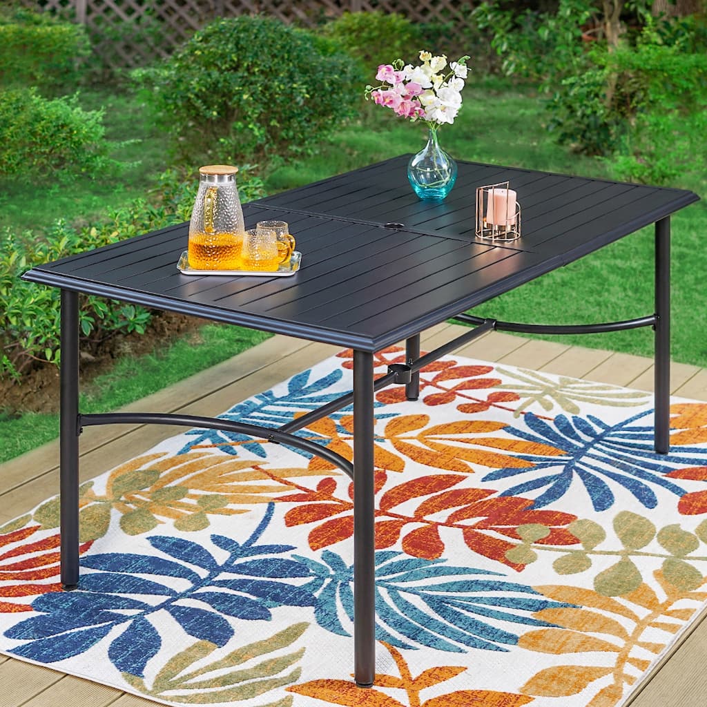 MAISON ARTS Rectangle Metal Patio Outdoor Dining Table with Umbrella Hole