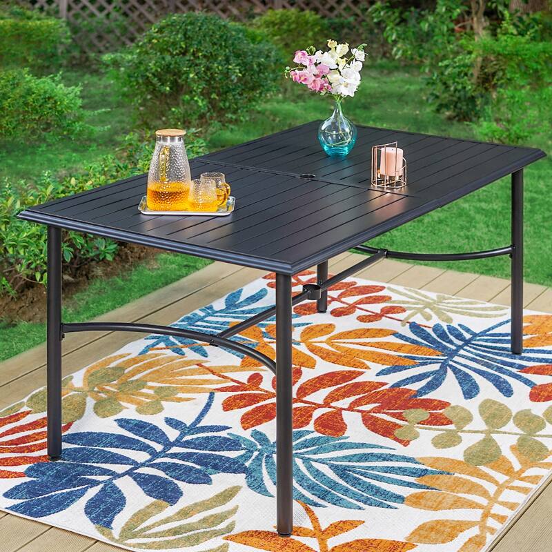 MAISON ARTS Metal Patio Dining Table Black Rectangular Outdoor Table with Steel Slat Top
