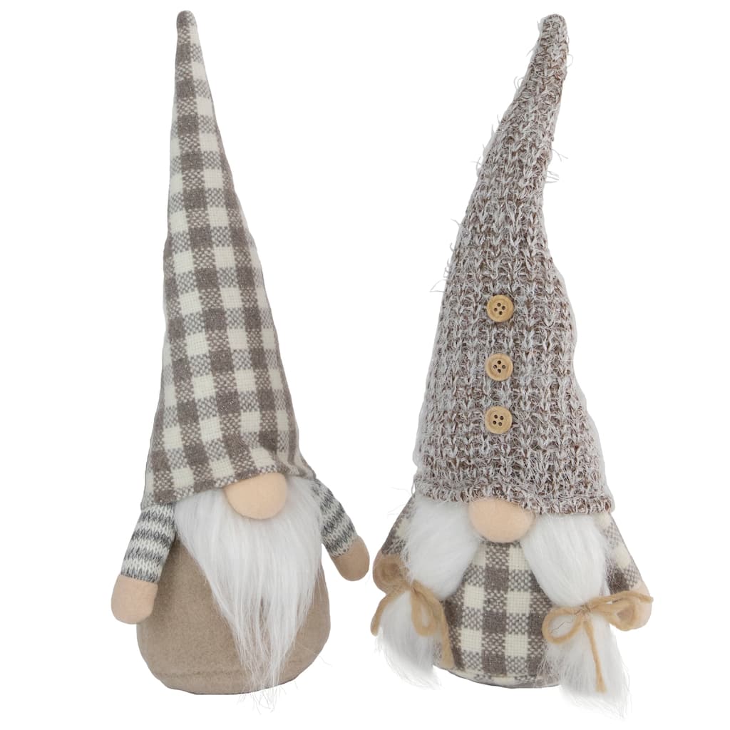 Set of 2 Beige and White Gingham Nordic Christmas Gnomes 13"