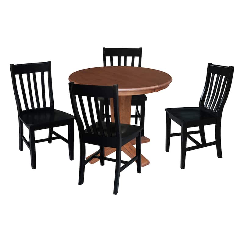 36 in Round Extension Dining Table with 12 in Leaf and Dining Chairs in Distressed Oak - 5-Piece