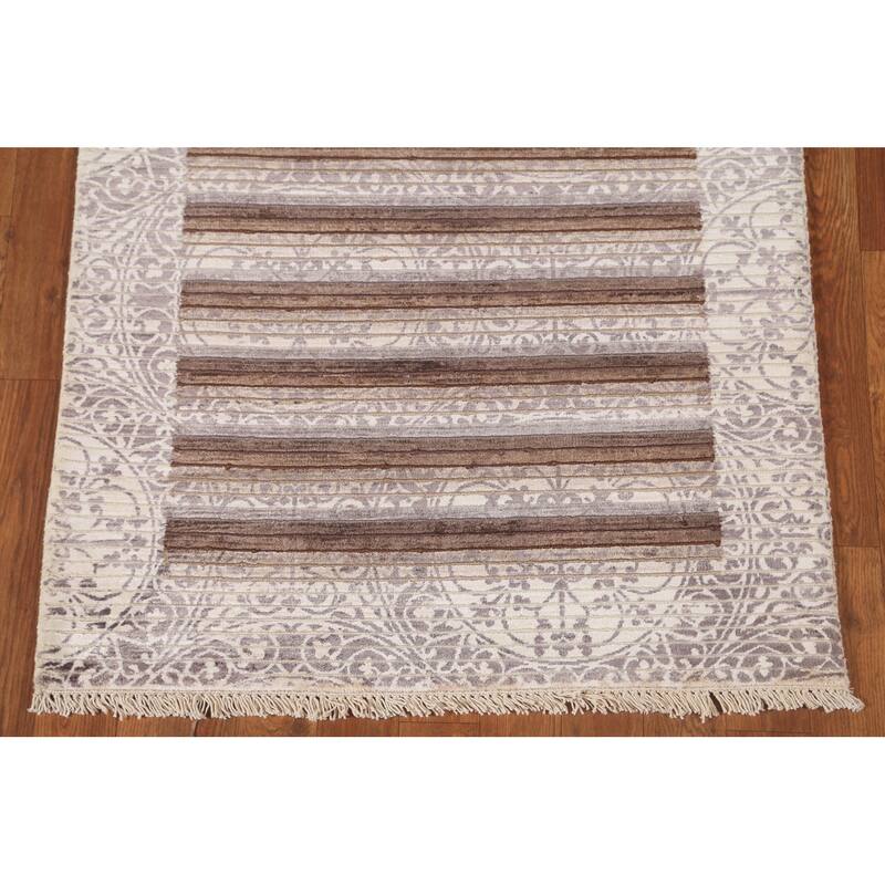 Beige Striped Abstract Accent Rug Handmade Oriental Wool Carpet - 2'9"x 5'0"