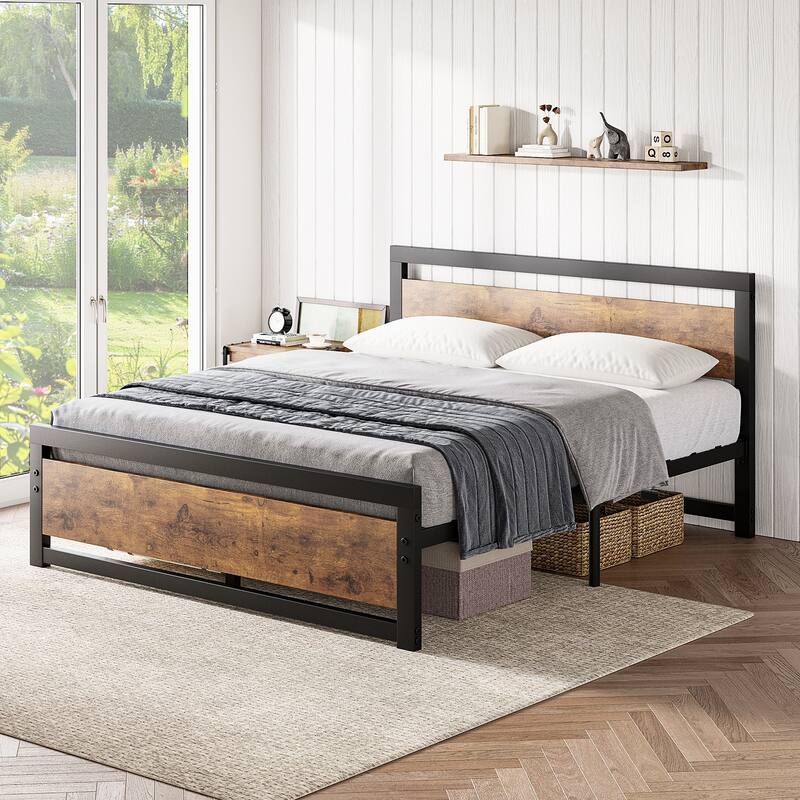 GIMMYFIVE Brown Bed Frame with Wooden Headboard and Footboard - Full
