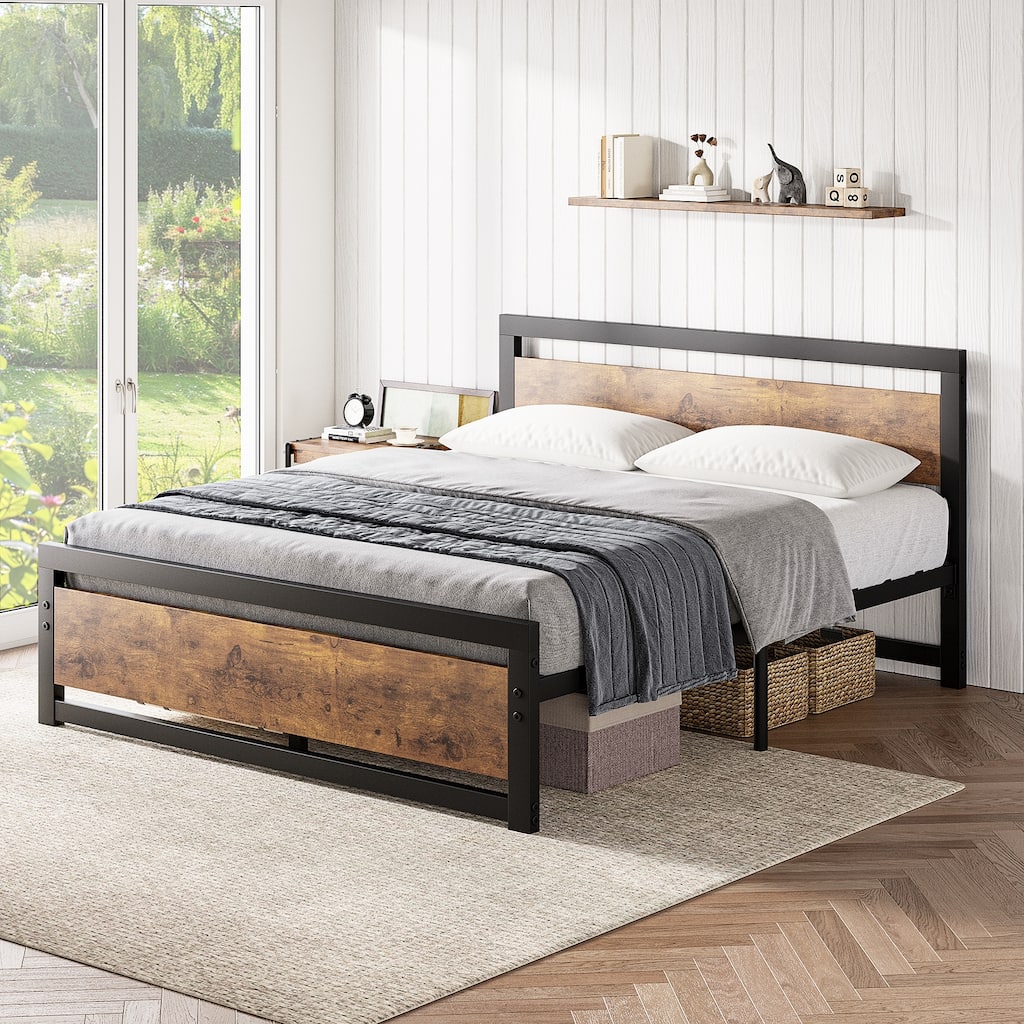 GIMMYFIVE Brown Bed Frame with Wooden Headboard and Footboard