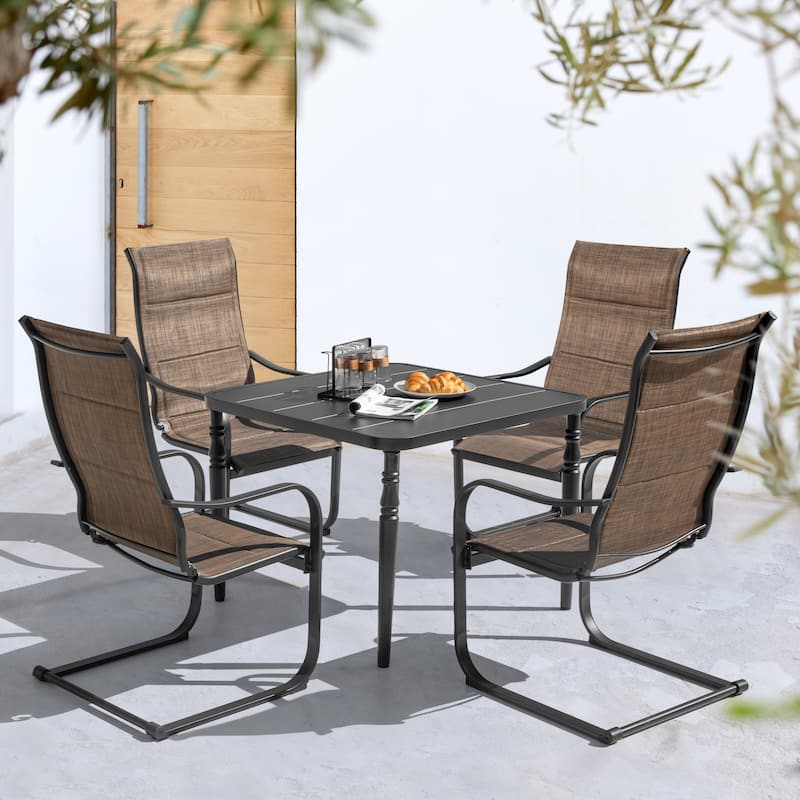 Patio 5-Piece Outdoor Dining Set, C-Spring Chair Legs and Umbrella Hole