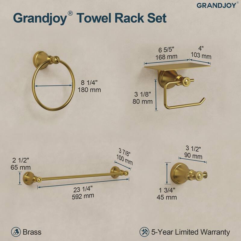 GRANDJOY 4-Piece Bathroom Hardware Set with 23-Inch Single Towel Bar and Shelf Toilet Paper Holder