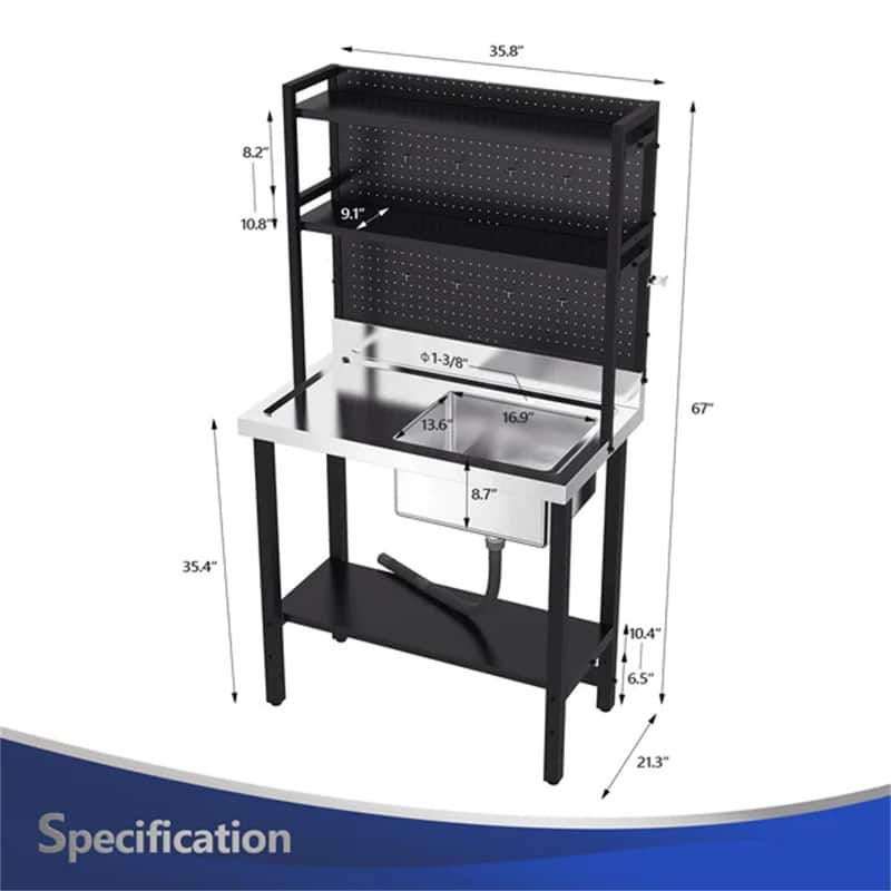 Single Bowl 304 Stainless Steel Sink Kitchen with Drainboard & Shelves