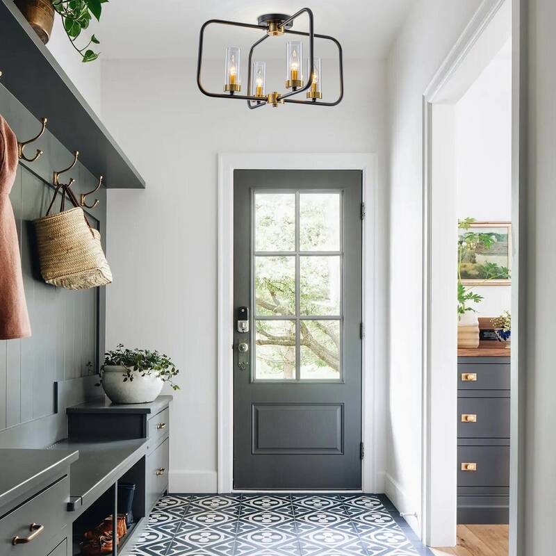 4 Light Industrial Black Metal Flush Mount Ceiling Light with Glass Tube Shade - Dia.20.28-in