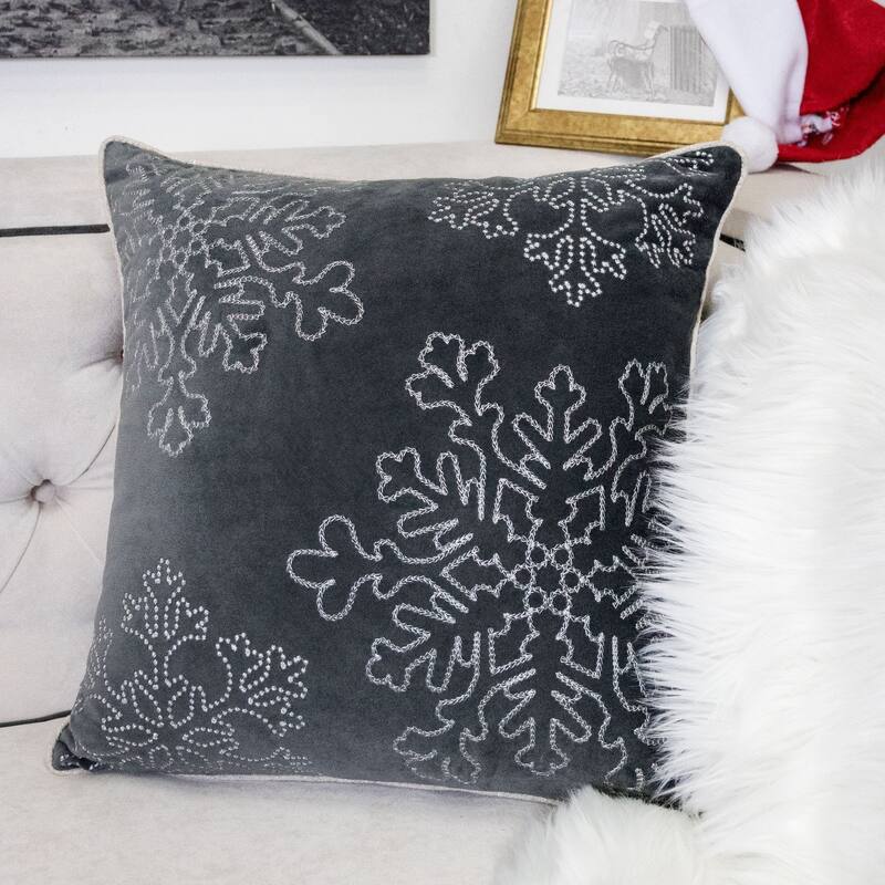 Velvet Holiday Throw Pillow 20x20 with Snowflake Embroidery and Insert