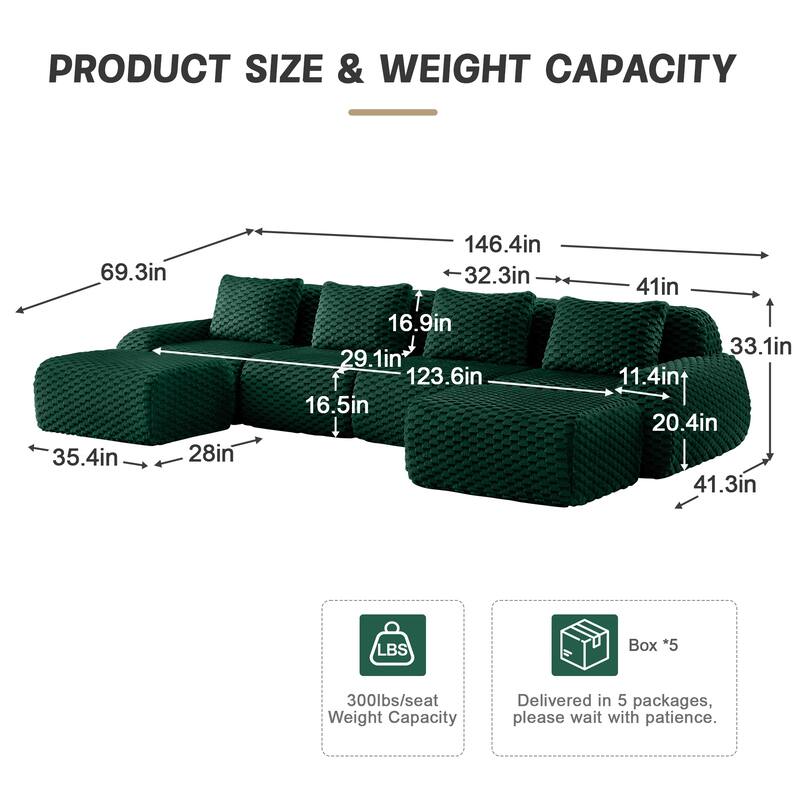 Oversized Modular Sectional Sofa with Movable Ottoman, 4 Seat Modern Flannelette Fabric Sofa Set Floor Armrests Sofa