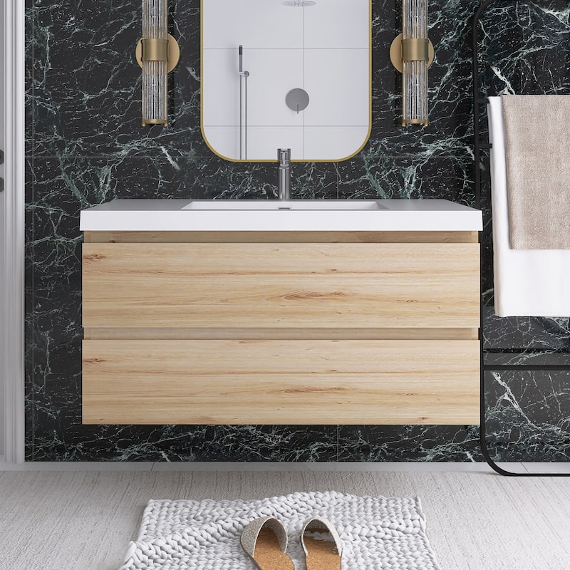 Floating Bathroom Vanity with Integrated Resin Top - 41.93'' x 19.69'' x 22.44'' - Natural Oak