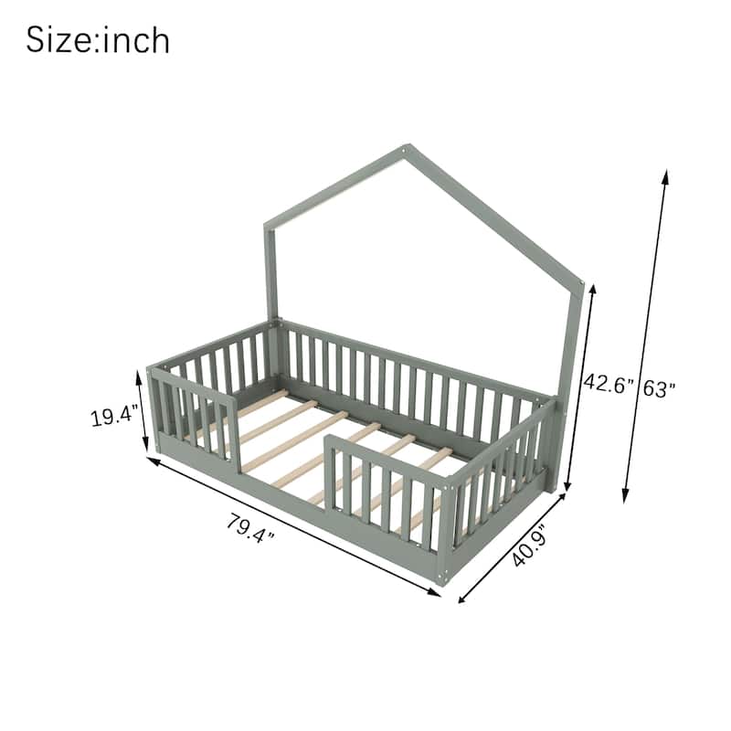 Wood Floor Bed with High Guardrails and LED Light, Montessori Style Low Profile Bed for Kids