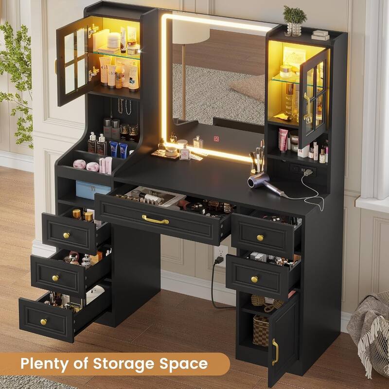 Vanity Desk Touch Screen Mirror Cabinets 6 Drawers 5 Jewelry Hooks