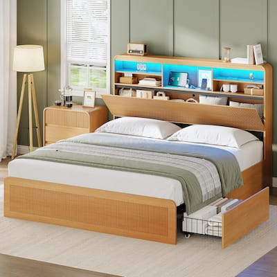 Bed Frame with 4 Storage Drawers and Hidden Storage Headboard Charging Station
