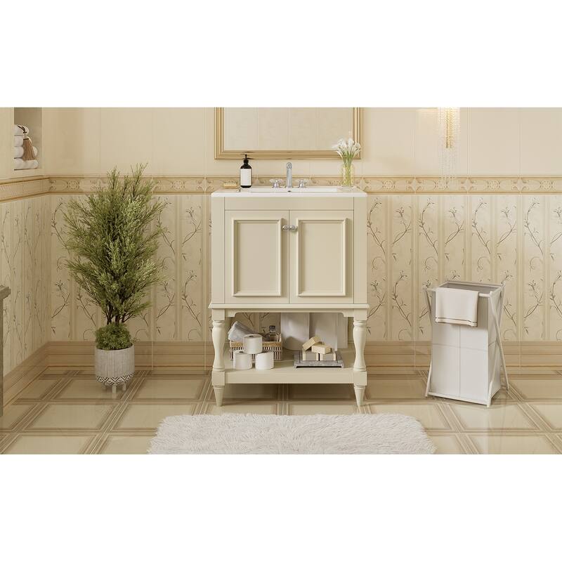 24 inch Modern Luxury Bathroom Vanity with Ceramic Sink, Bathroom Cabinet with Open Shelf and Closed Storage
