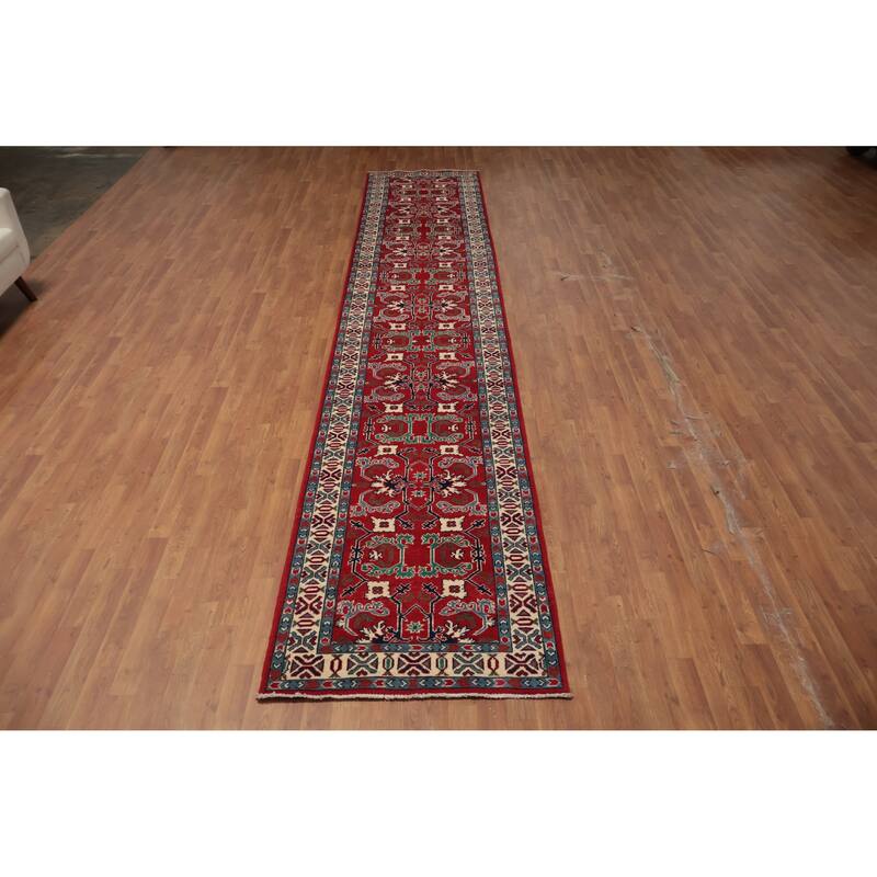 Hand Knotted Oriental 100% Wool Carpet Traditional Geometric Red Heriz (serapi) Runner Rug - 15' 10'' X 3' 0''