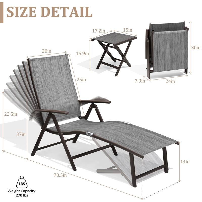 VredHom Outdoor Portable Folding Chaise Lounge Chair with Table (Set of 3) - 70" L x 20" W x 14" H