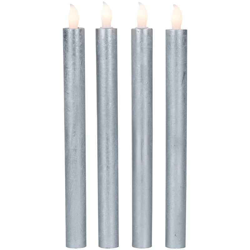 4 Brushed Silver-Tone LED Flameless Wax Flickering Taper Candles 9.5"