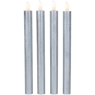 4 Brushed Silver-Tone LED Flameless Wax Flickering Taper Candles 9.5"
