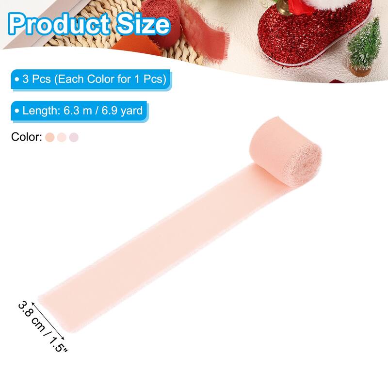 3 Roll 1.5"x7 Yd Handmade Fringe Chiffon Ribbon Frayed Silk Ribbon - 1.5"x7 Yd - Apricot Pink/Pink/Dust Pink