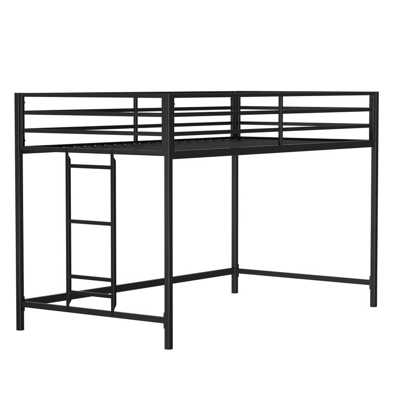 Space-Saving Junior Twin Loft Bed with Ladder & Guardrails for Kids - Black Metal Frame, No Box Spring Needed