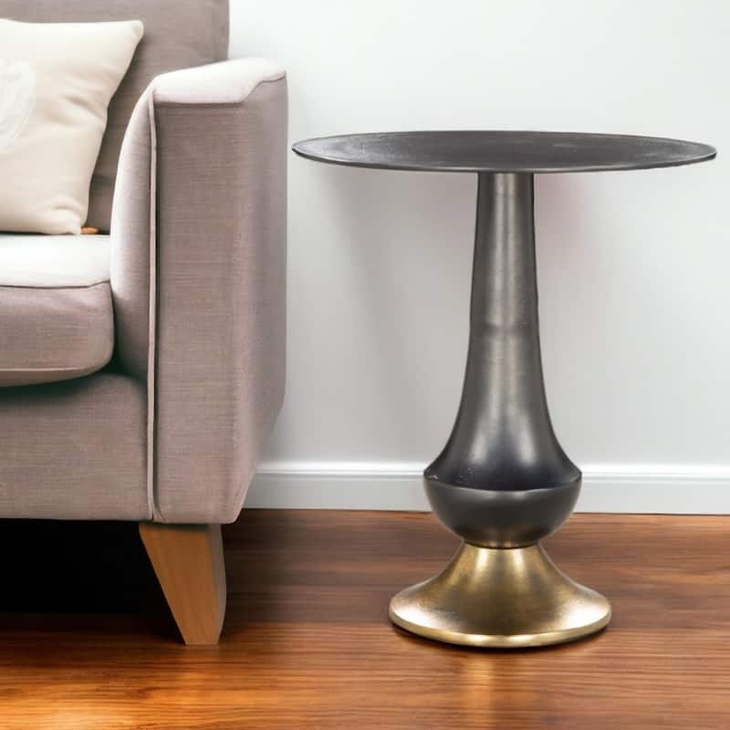 21" Modern Black Aluminum Round Side End Table with Gold Pedestal Base for Living Room - 20.5”H x 19”L x 19”W
