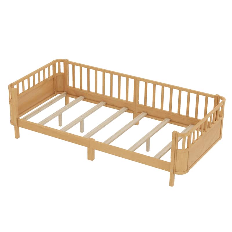 Multi Size Low Platform Bed for Kids with Rounded Corners Guardrails, Detachable Right-side Fence and Open Left-side Design
