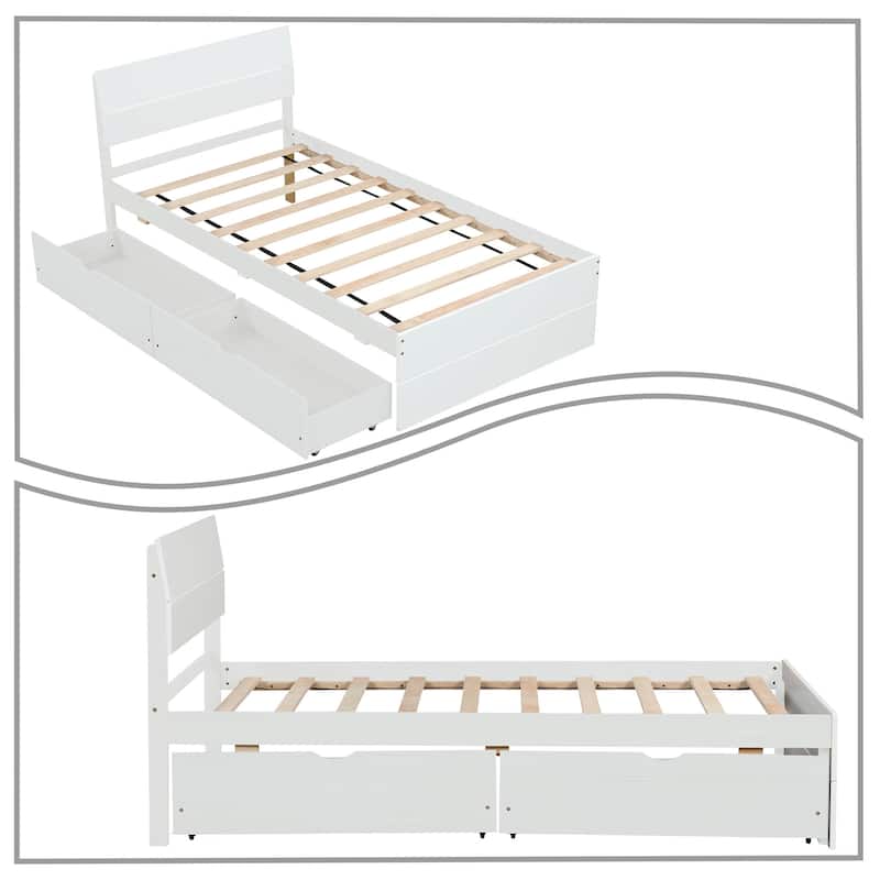 Modern Farmhouse Style Twin Size Wooden Platform Bed Frame with 2 Underbed Drawers