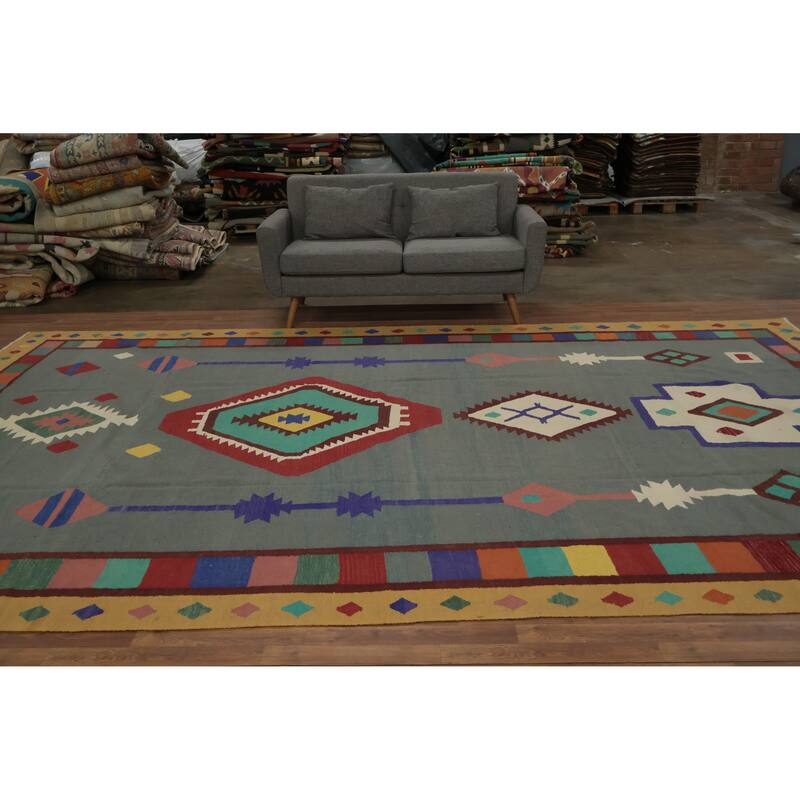 Hand Woven Oriental 100% Wool Carpet Southwestern Tribal Greys & Charcoal Kilim Area Rug - 14' 8'' X 9' 9''