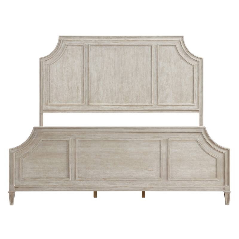 Queen Size Oak Panel Bed with Curved Traditional Headboard and Wire-Brushed Finish