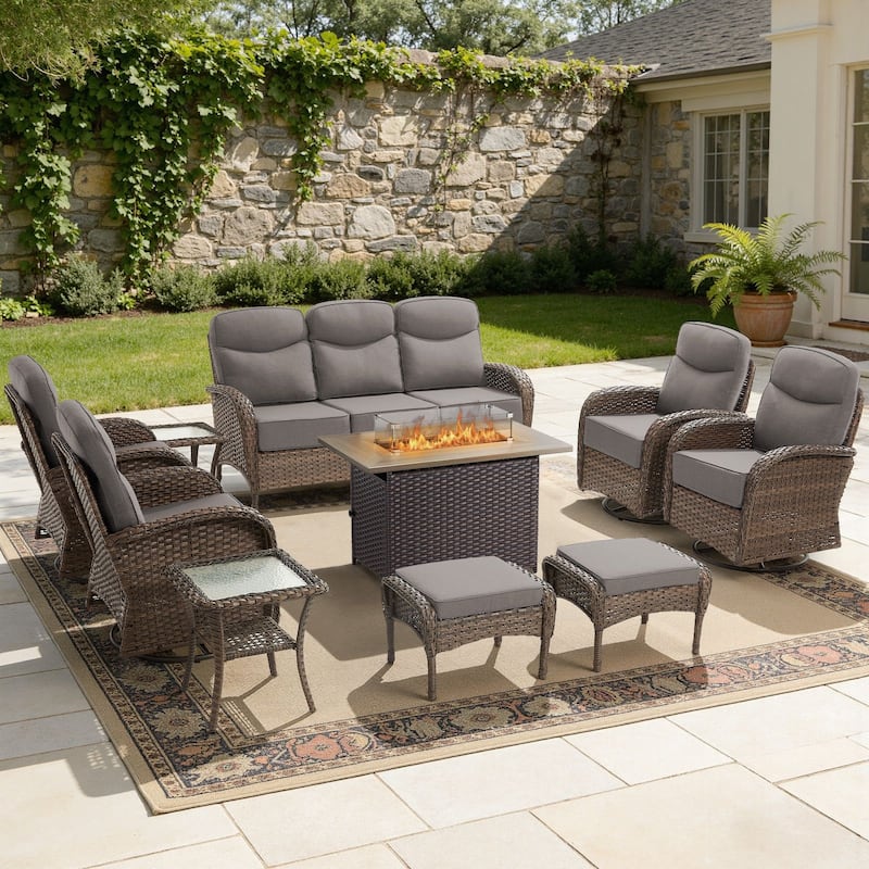 Meyreso 10-Piece Wicker Outdoor Patio Fire Pit Sofa Set with 6-Inch Thick Cushions